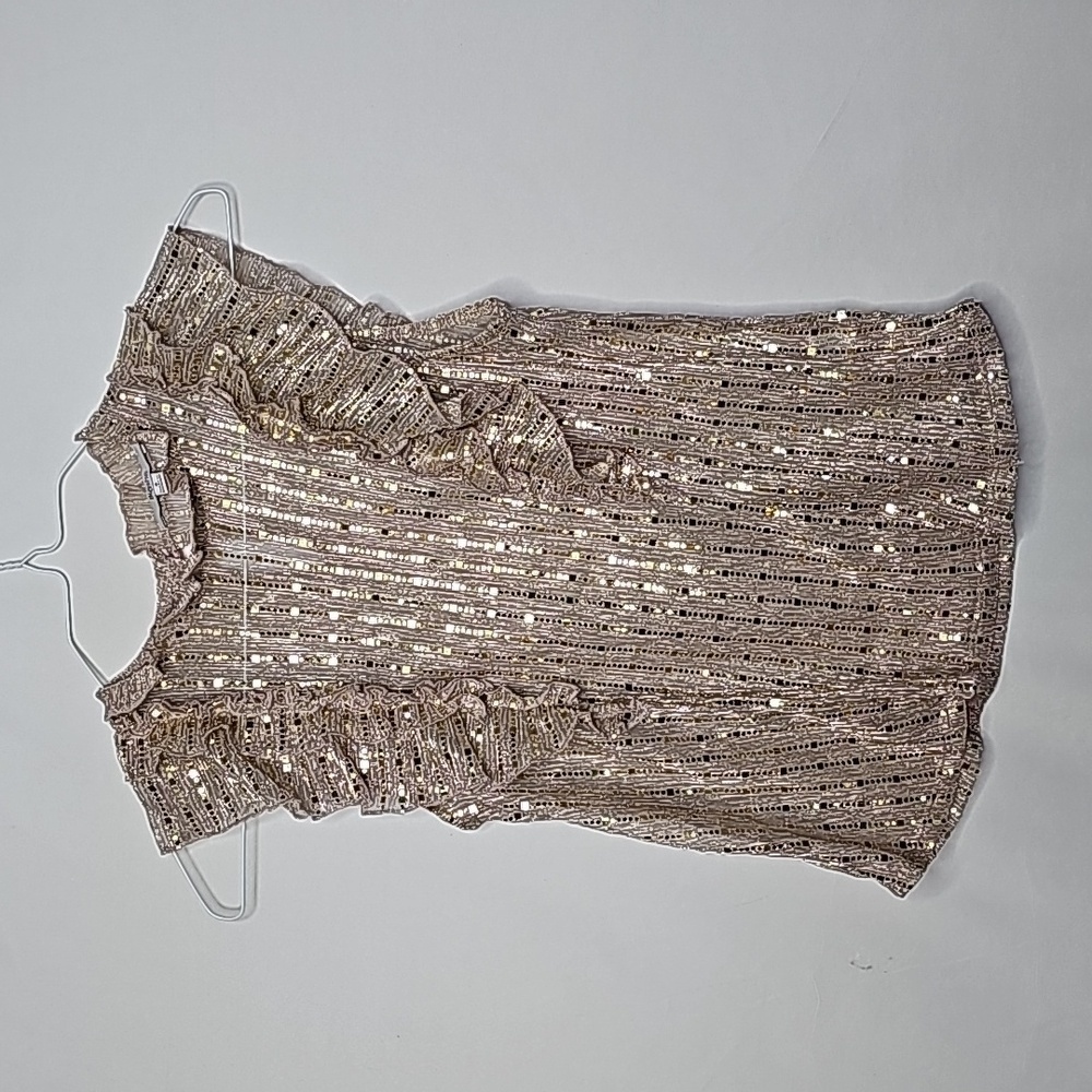 Blashe champagne gold shimmer flakes pleated ruffles shirt blouse top sz Small